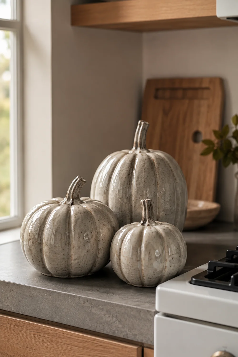 Cluster of three matte stoneware pumpkins in graduated sizes styled on a modern kitchen counter corner
