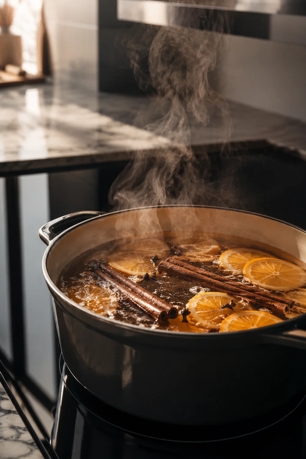 Close-up of a stovetop simmer pot with orange slices and cinnamon sticks steaming on a modern black cooktop