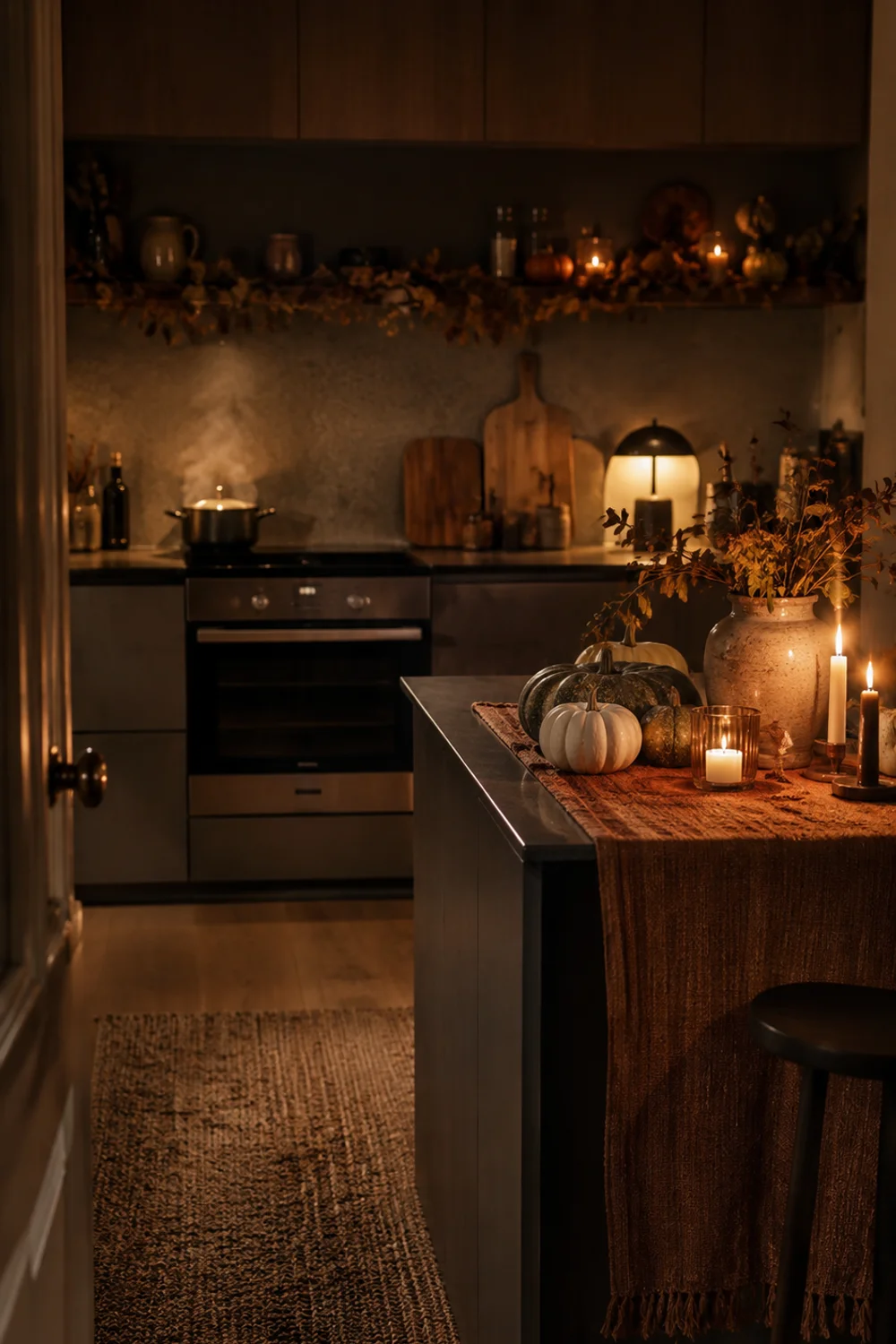 Wide evening view of a fully styled modern fall kitchen with simmer pot, runner, pumpkins, and garland all in place