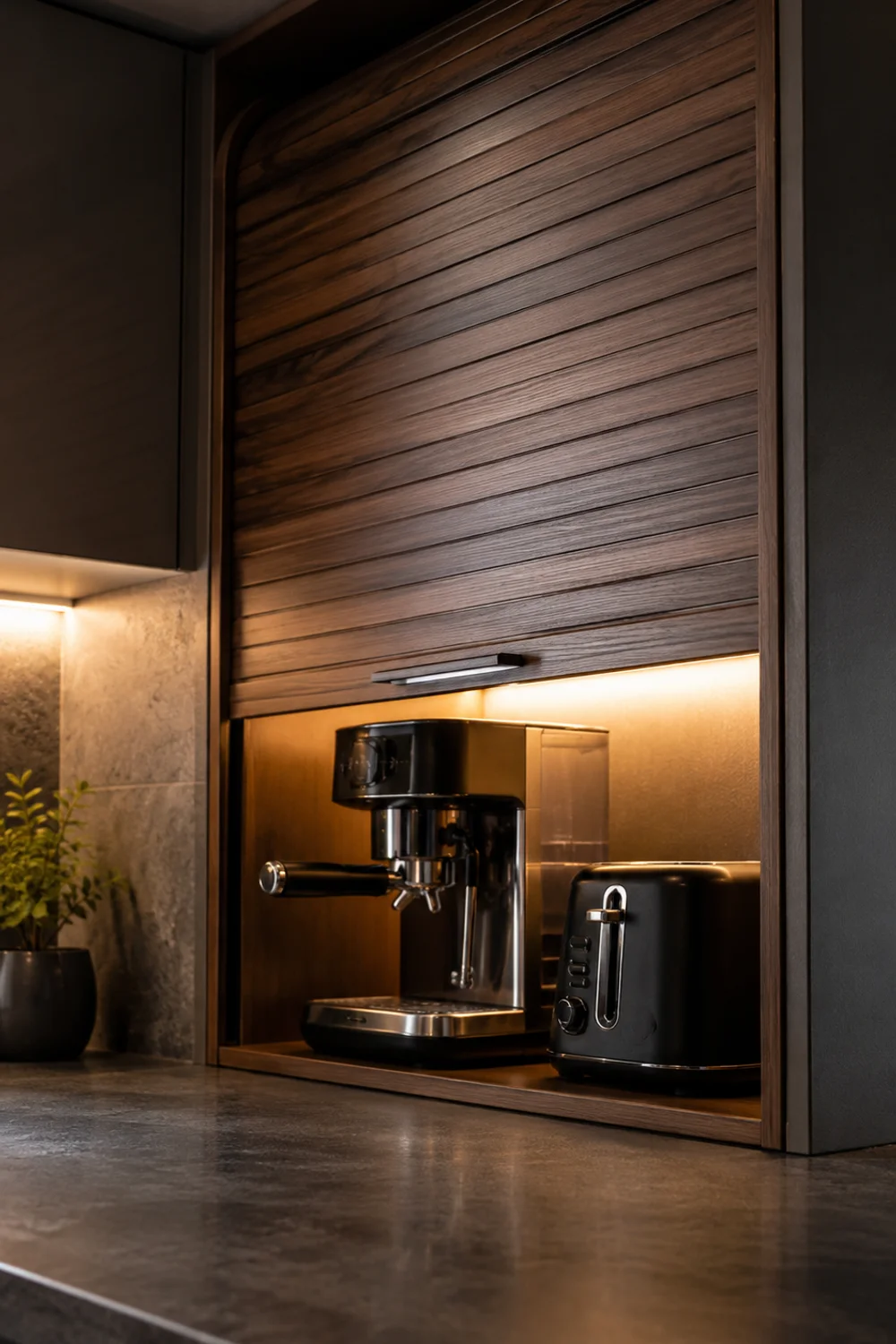 Tambour door appliance garage half-open revealing coffee maker and toaster