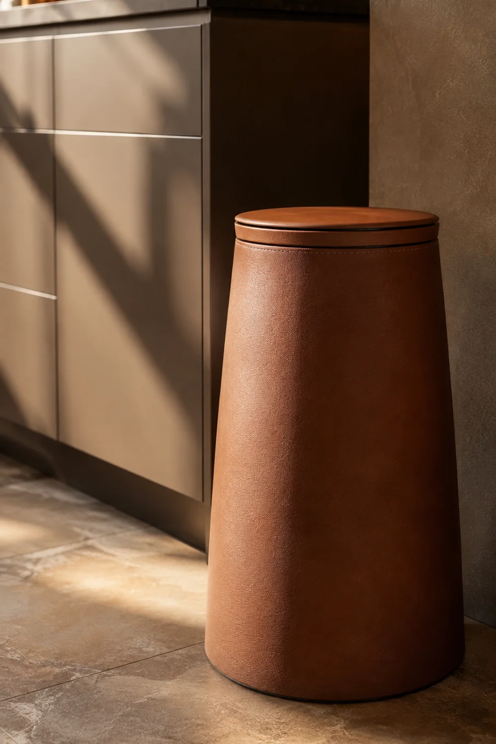 Tapered faux leather waste bin styled as a design object in a small kitchen corner
