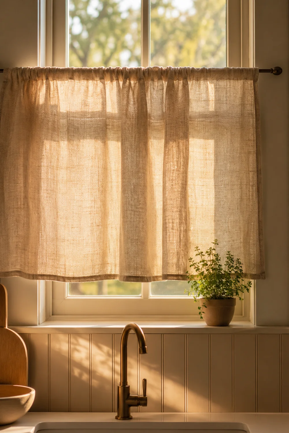 Linen café curtain on a tension rod softening a small apartment kitchen window