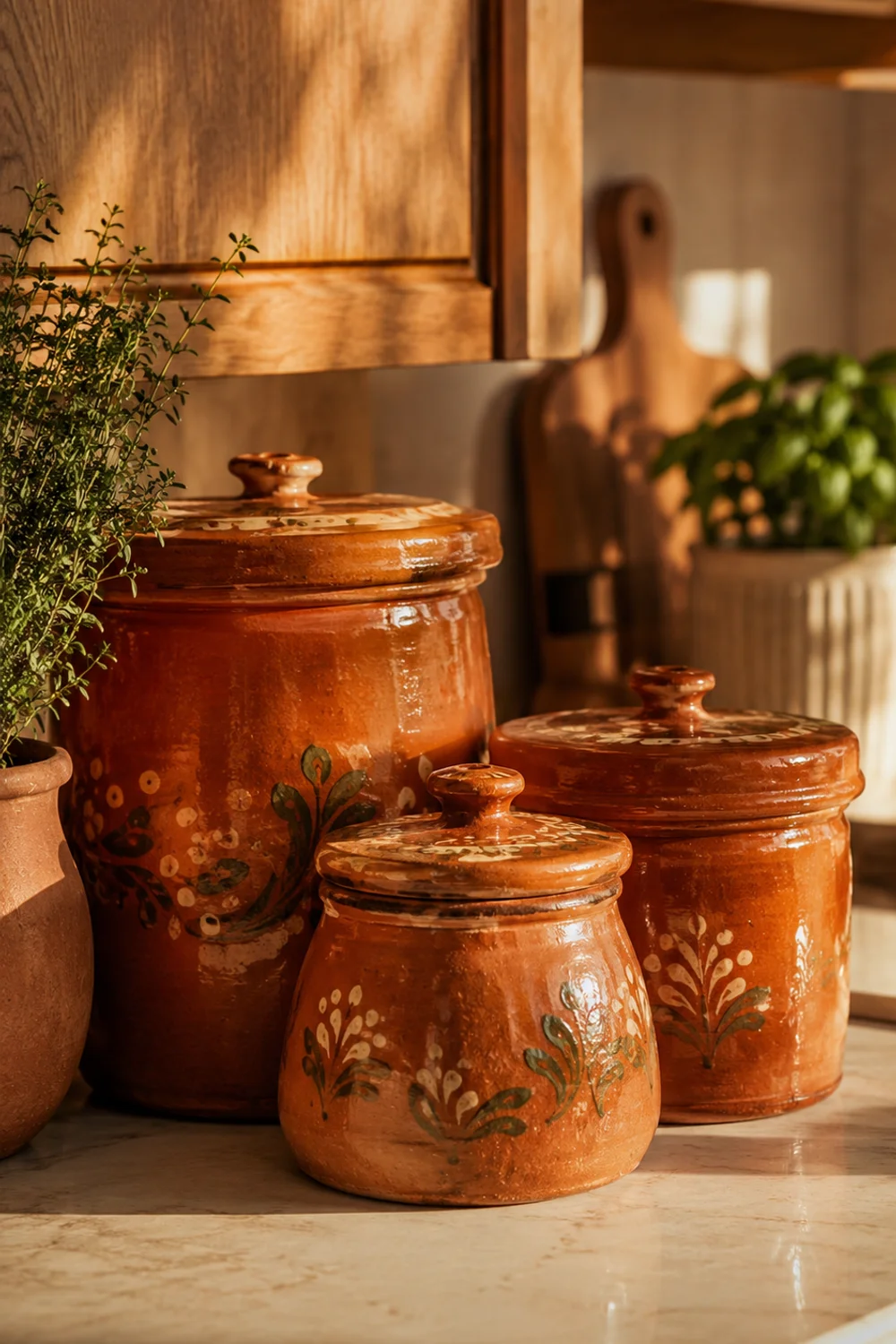 Terracotta glazed ceramic canister set styled on a warm cream kitchen counter in golden afternoon light
