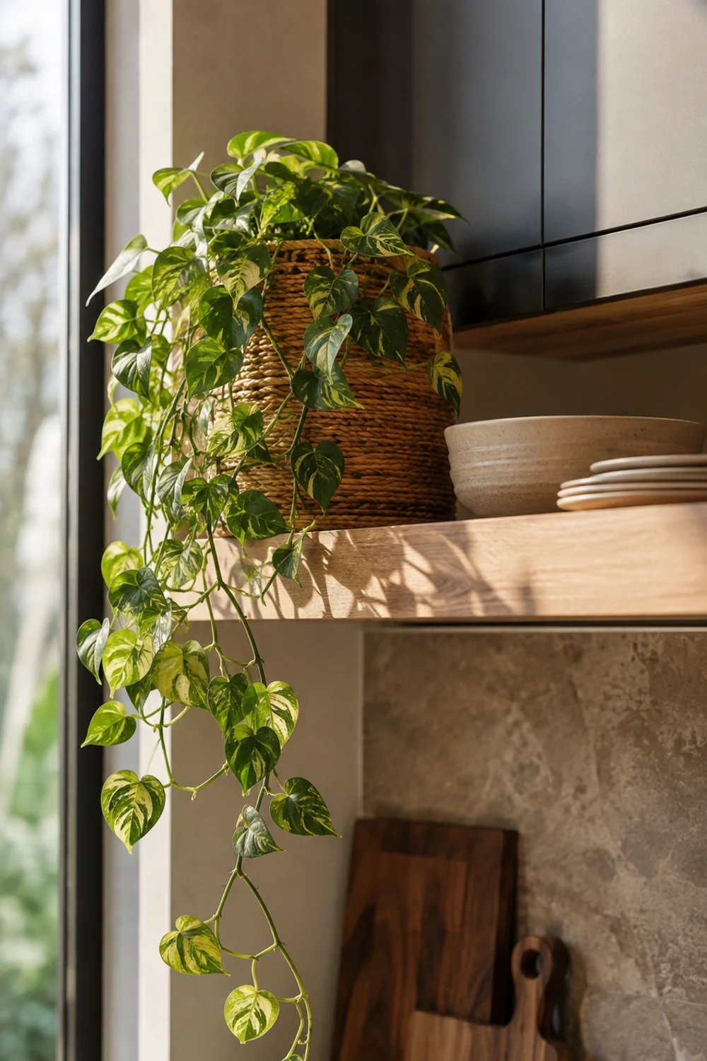 Trailing pothos plant in a woven rattan hanging planter beside an open kitchen shelf