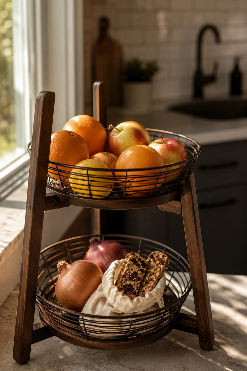 Two-tier wire and wood produce stand with citrus and apples on a sunlit kitchen counter beside a window