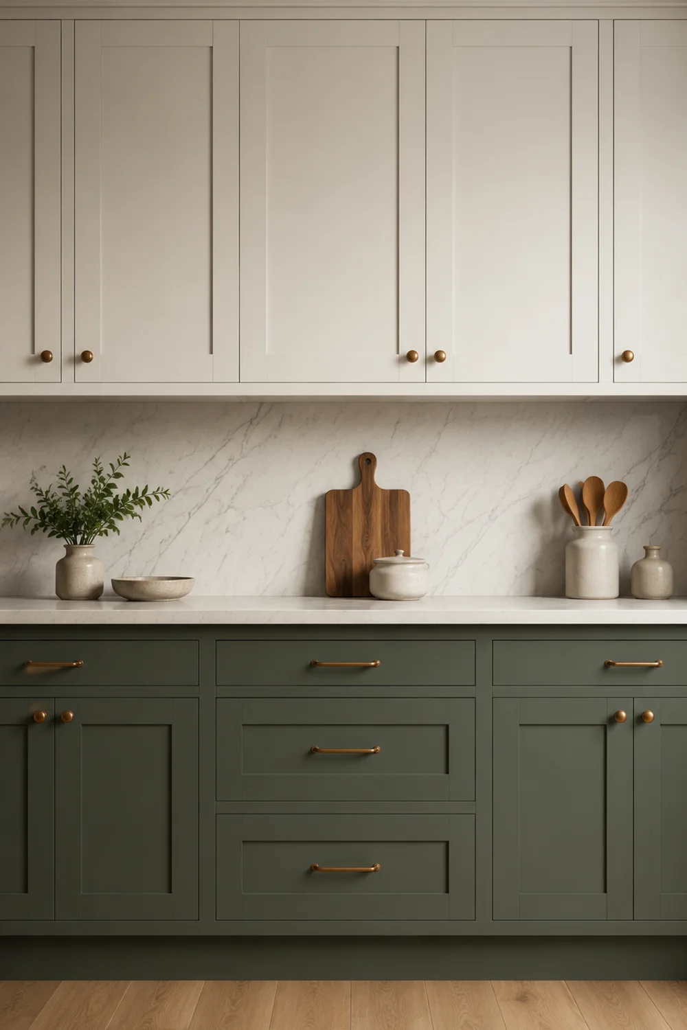 Two-tone kitchen cabinets with deep sage lower cabinets and pale upper cabinets