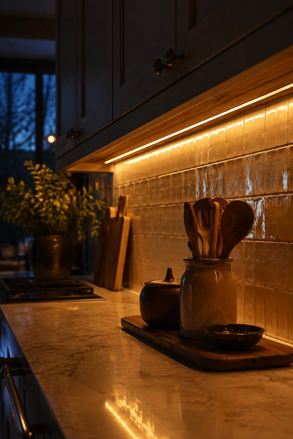 Warm under-cabinet LED light strip illuminating a tiled backsplash and countertop at dusk