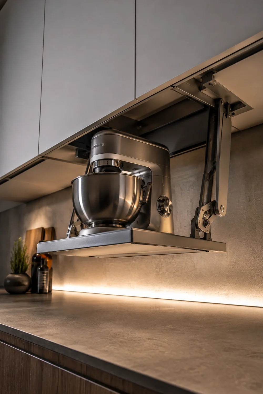 Under-cabinet pull-down storage rack lowering a stand mixer to counter height in a modern kitchen