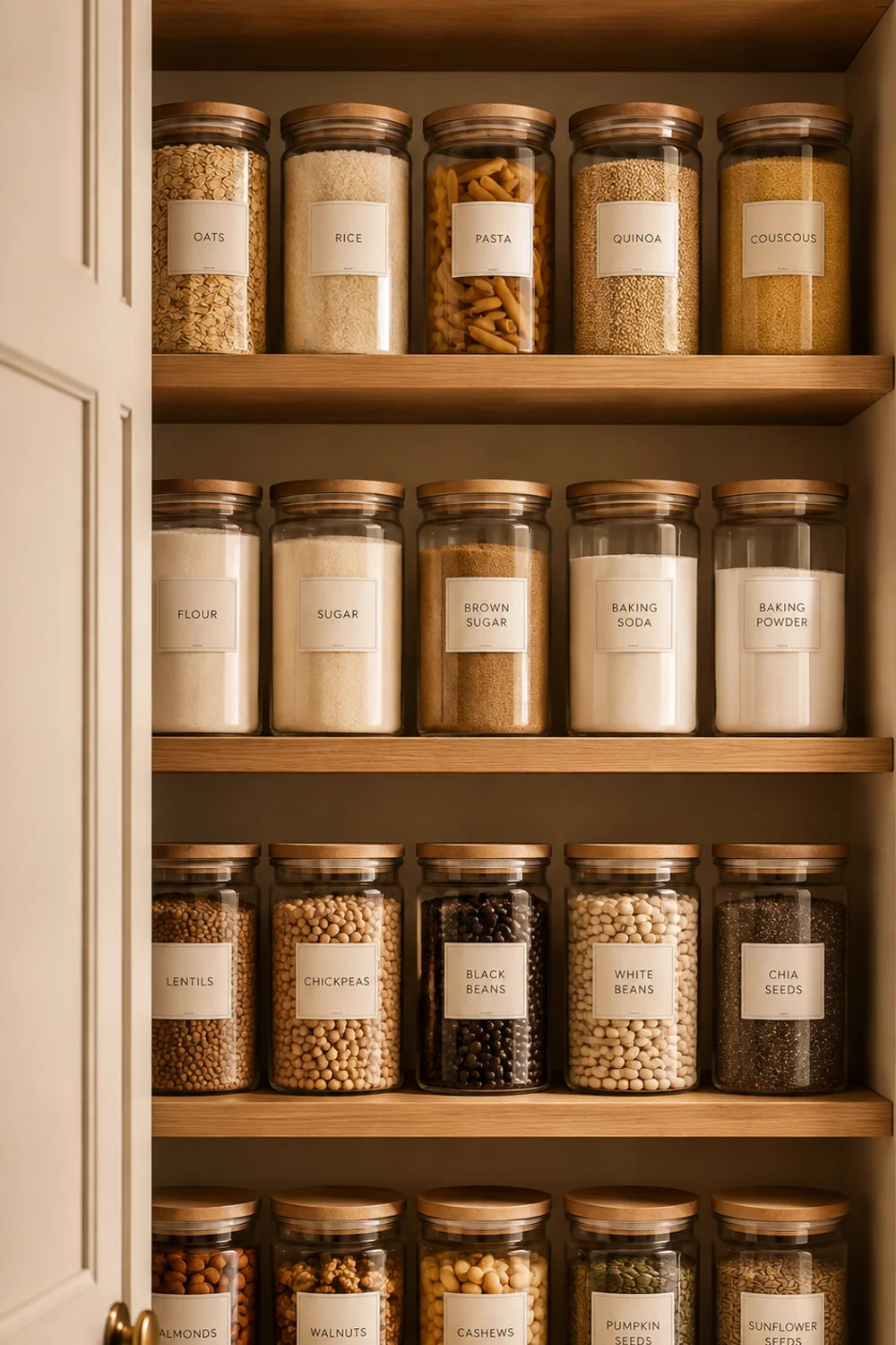 Uniform labeled glass pantry storage jars organized on open shelving inside a kitchen cabinet