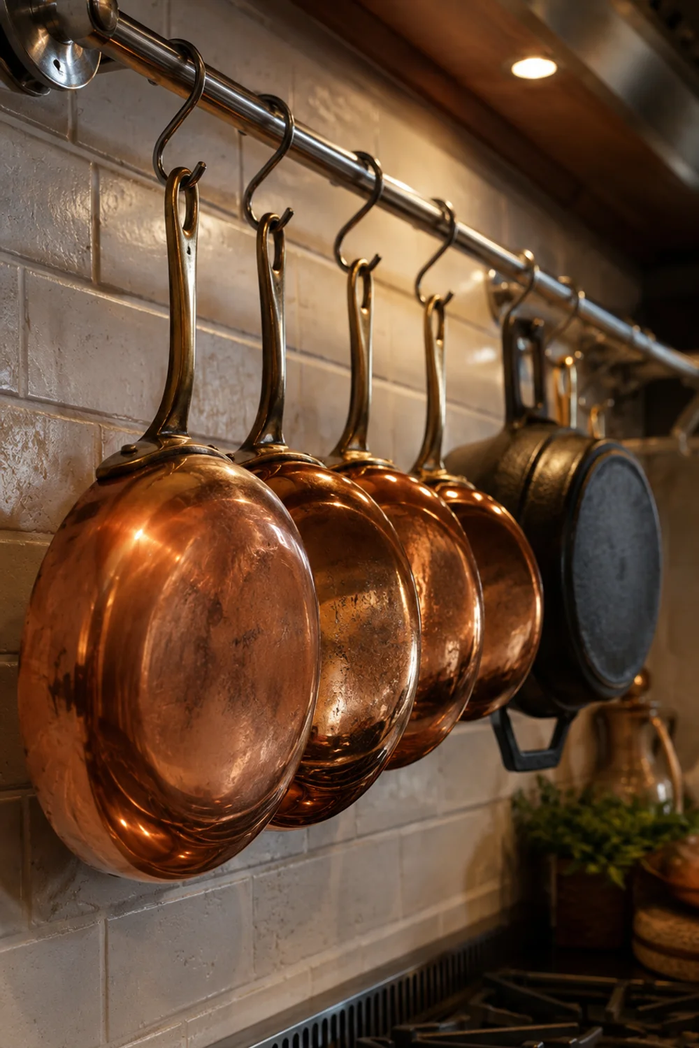 Copper and cast iron pots hanging from a wall-mounted stainless steel pot rack above a stove