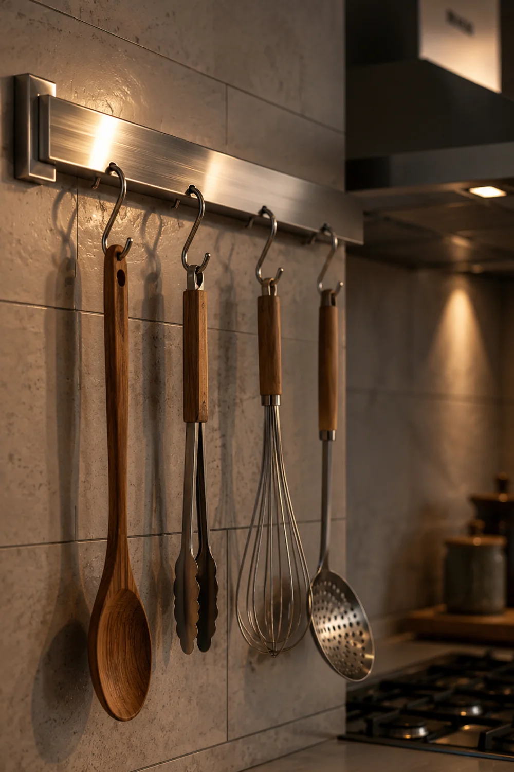 Close-up of a brushed stainless wall-mounted utensil rail with four cooking tools hanging from evenly spaced S-hooks