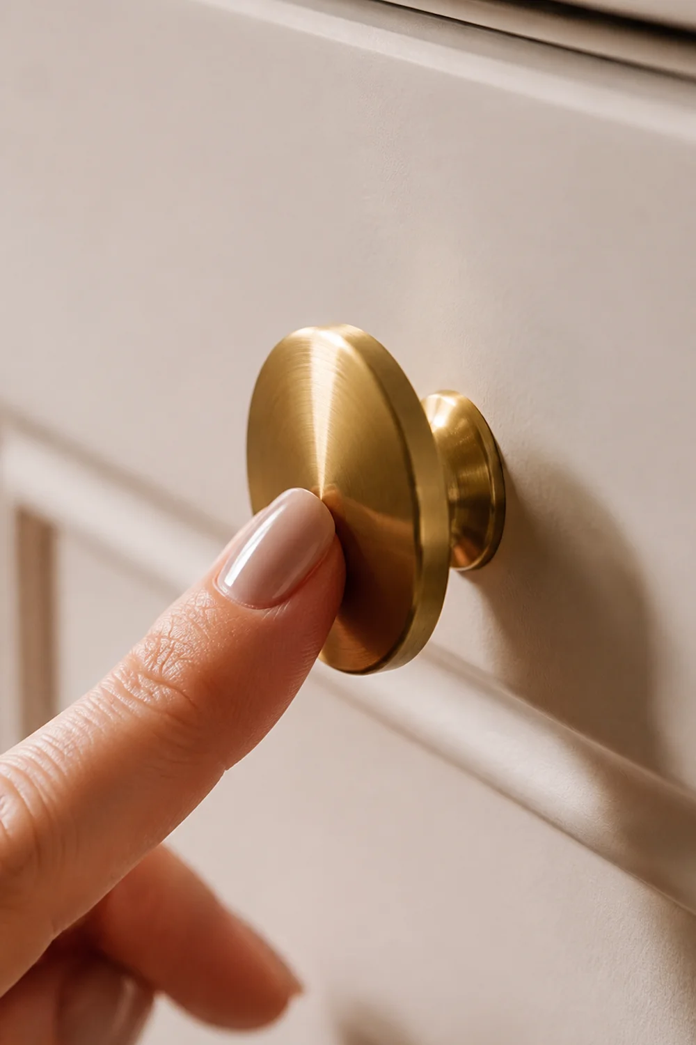 Close-up of a warm brushed bronze cabinet knob against a white matte kitchen drawer front