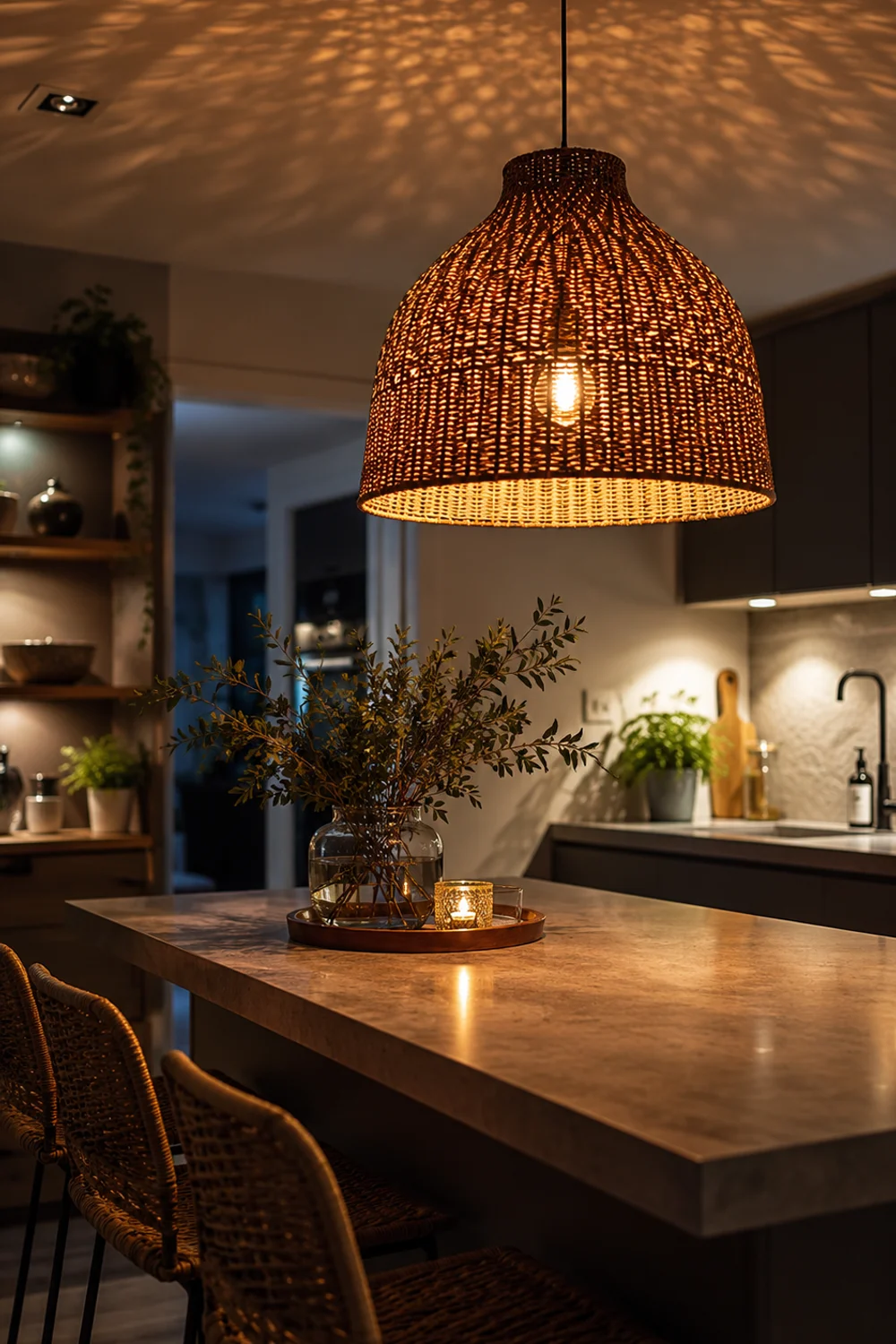 Warm woven rattan dome pendant light glowing over a modern kitchen island at dusk