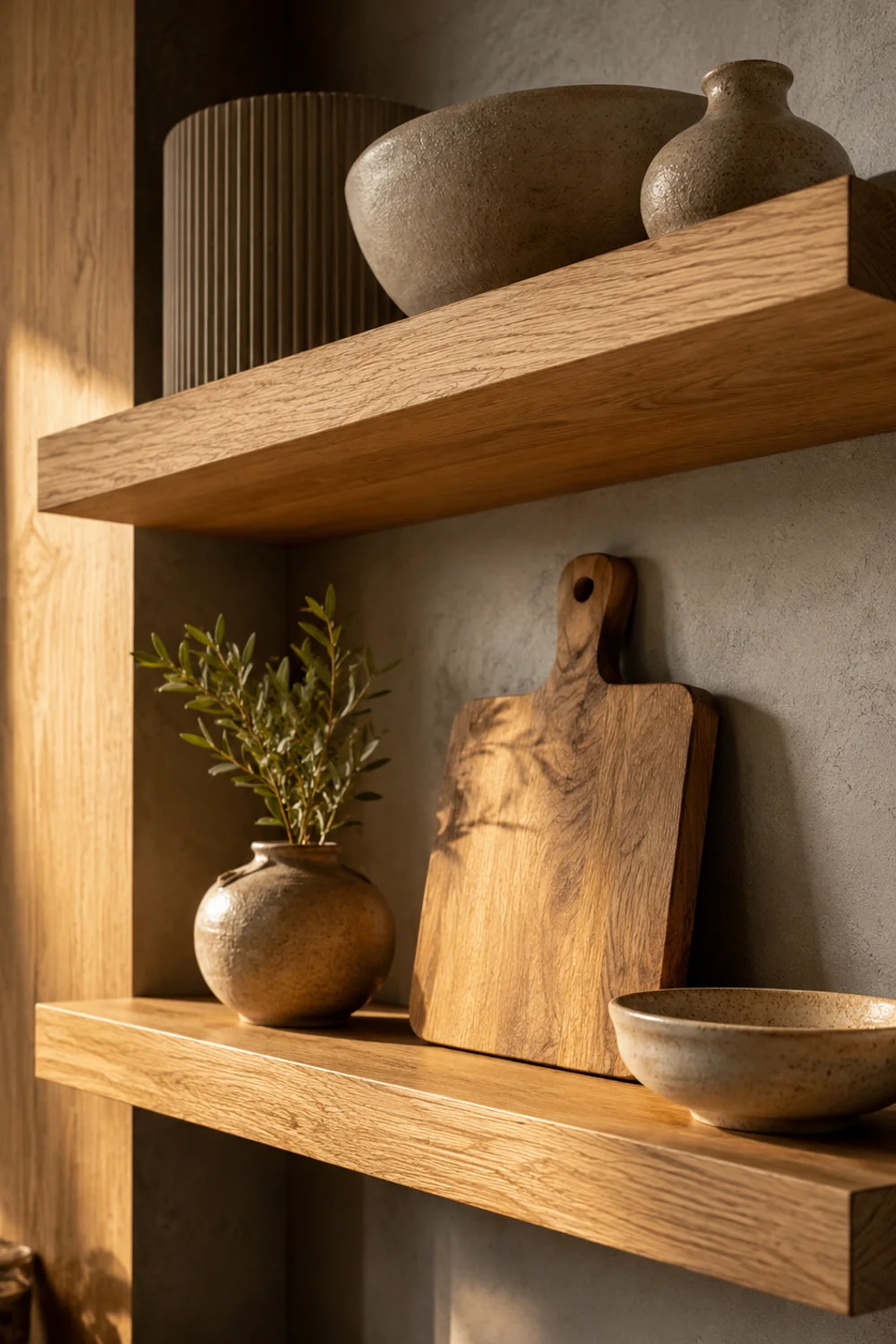 Unfinished white oak floating shelves styled with ceramics against a cool gray kitchen wall