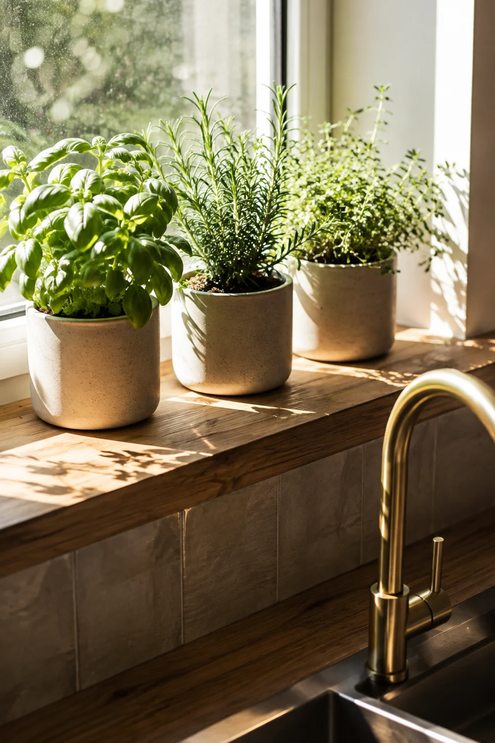 Ceramic herb planters lined up on a sunlit kitchen windowsill above the sink