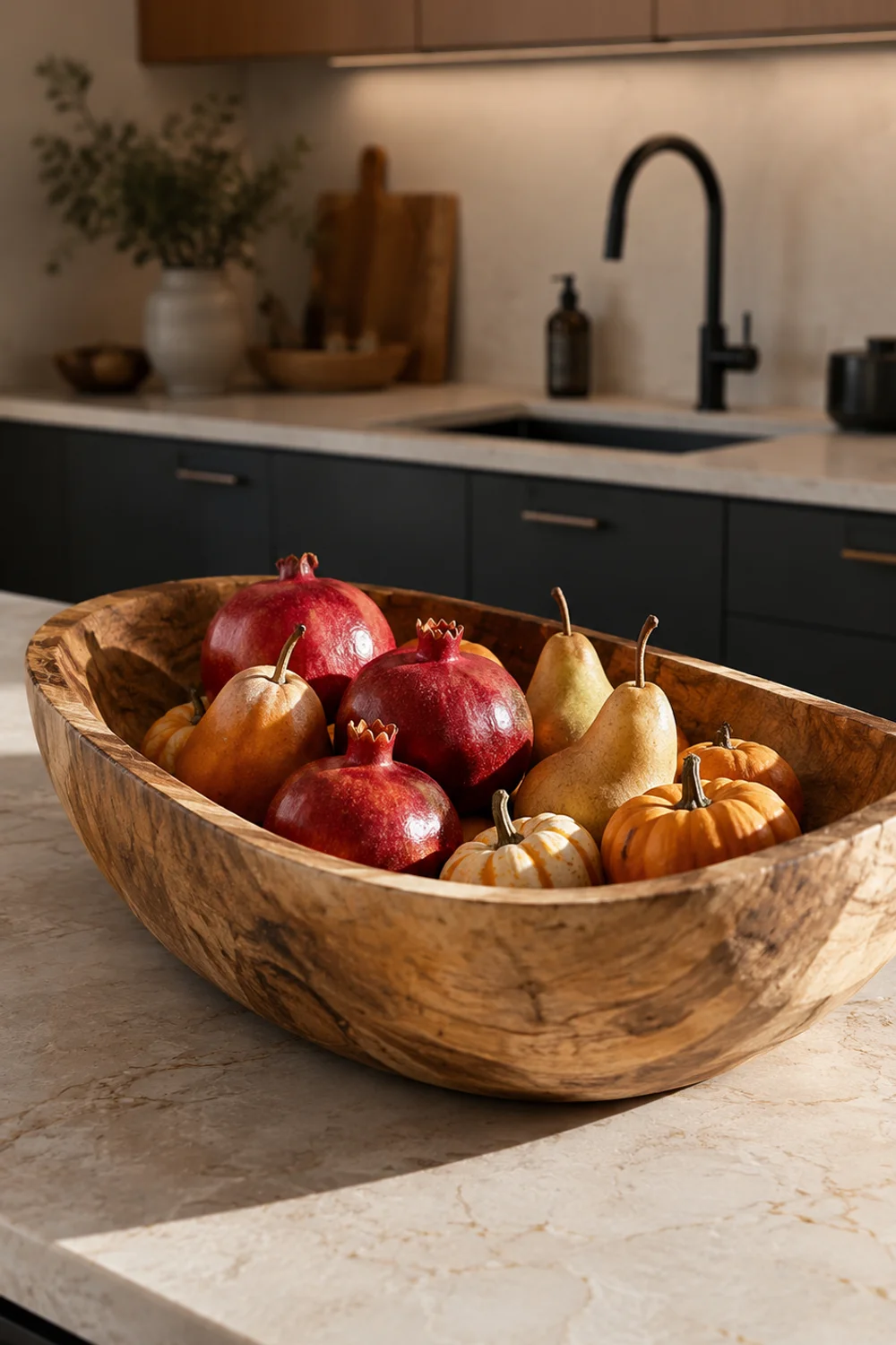 Hand-carved wood dough bowl filled with pomegranates, pears, and small pumpkins on a modern kitchen island
