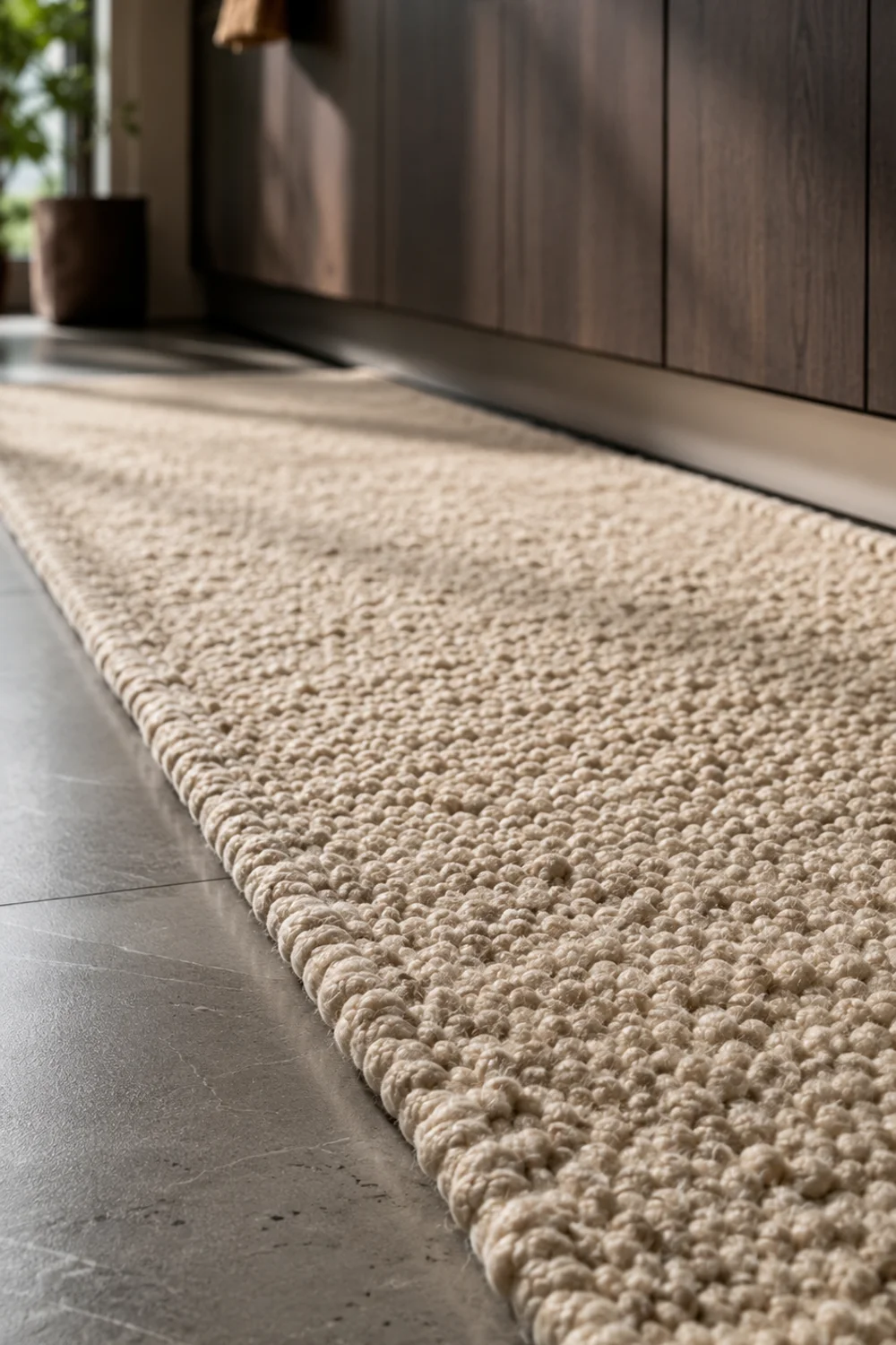 Chunky wool-blend runner rug on the floor in front of a modern kitchen sink
