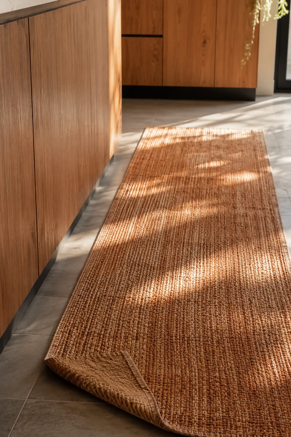 Woven cotton kitchen runner rug beside a kitchen island in natural morning light