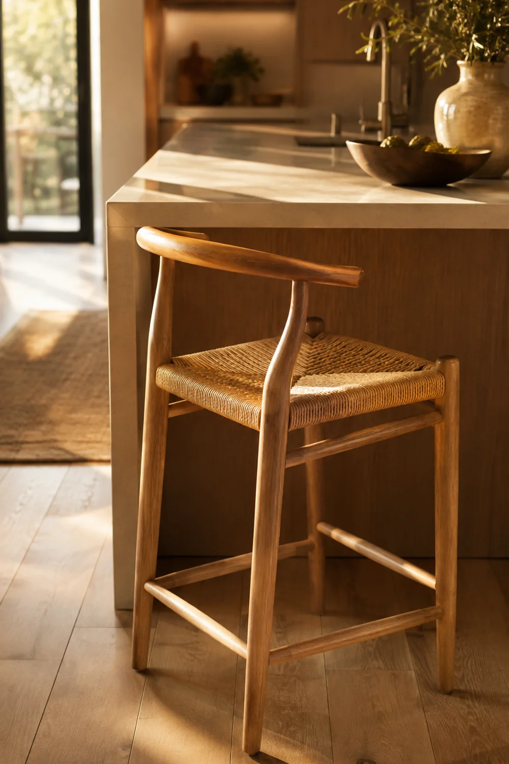 Woven rush-seat oak counter stool angled invitingly beside a modern kitchen island