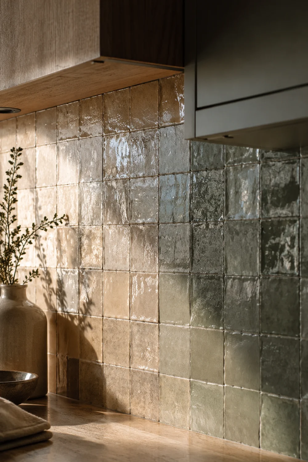 Handmade zellige-style ceramic backsplash tile bridging countertop and cabinet tones in a kitchen