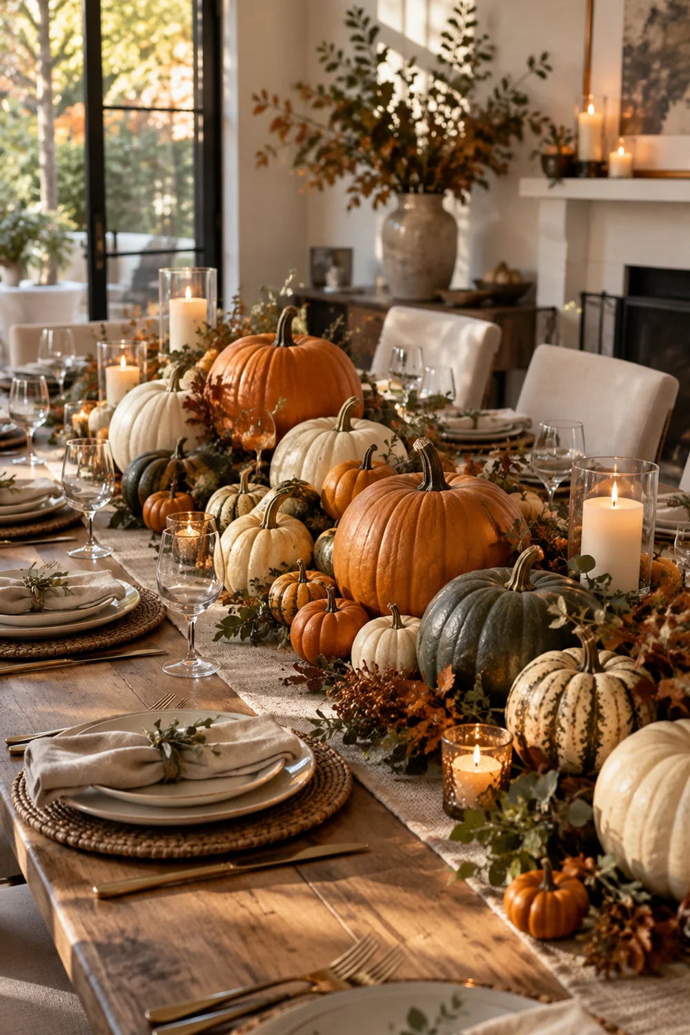 Abundant cluster of decorative pumpkins piled at the center of a long Thanksgiving table