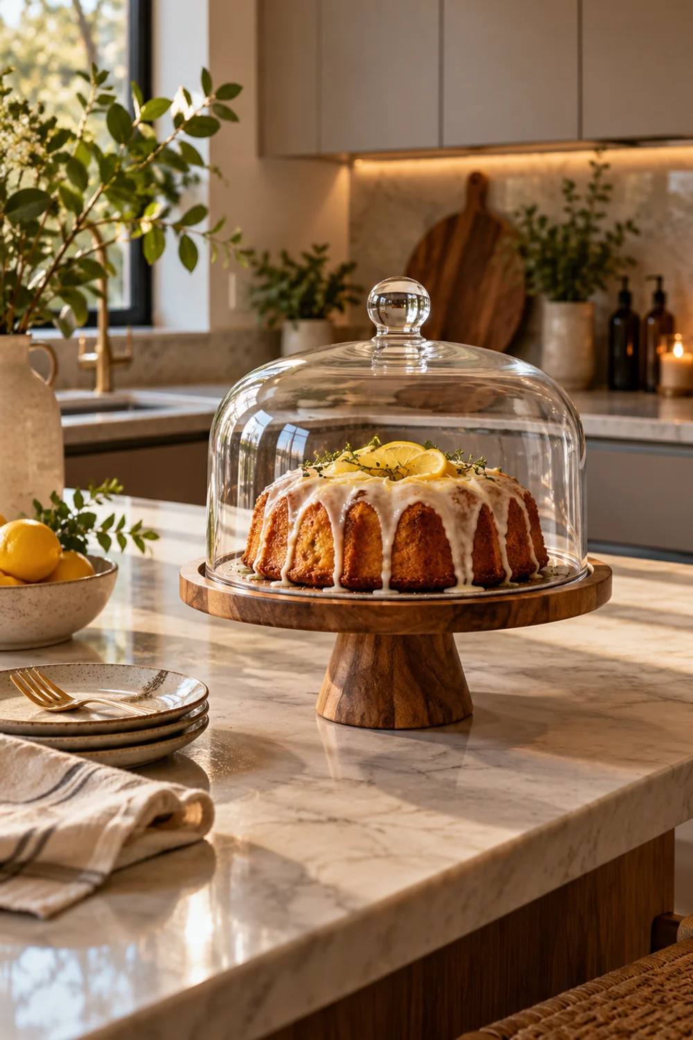 Footed acacia wood cake stand with a clear glass dome displaying a lemon loaf on a kitchen island