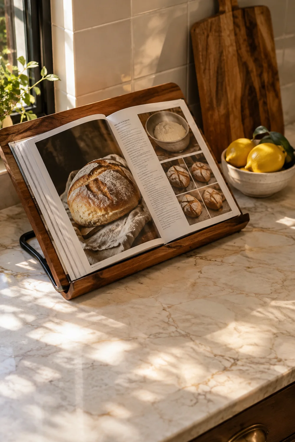 Acacia wood cookbook stand with black metal frame holding an open baking cookbook on a marble kitchen counter