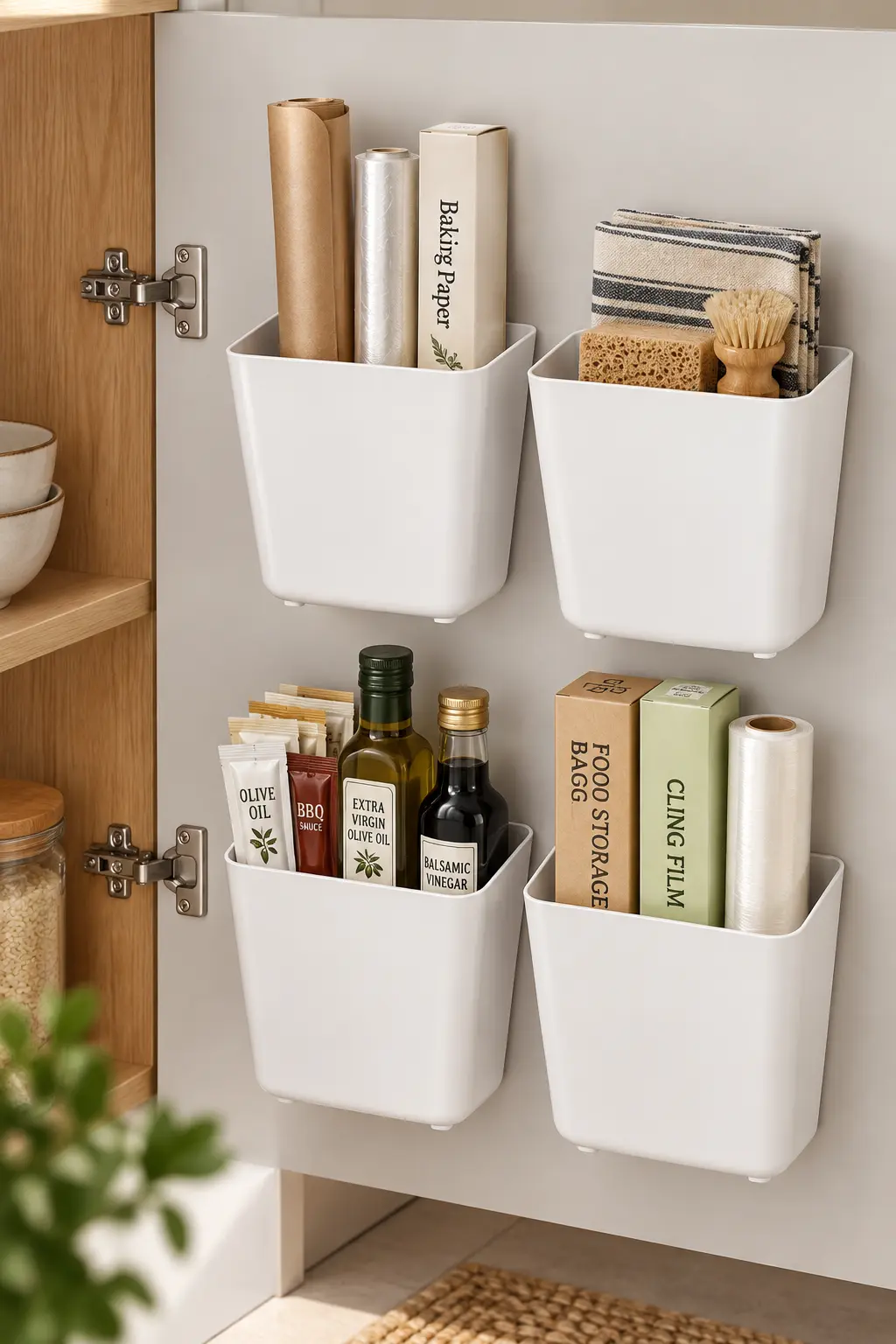 Adhesive-mounted organizer on the inside of a kitchen cabinet door holding flat storage items