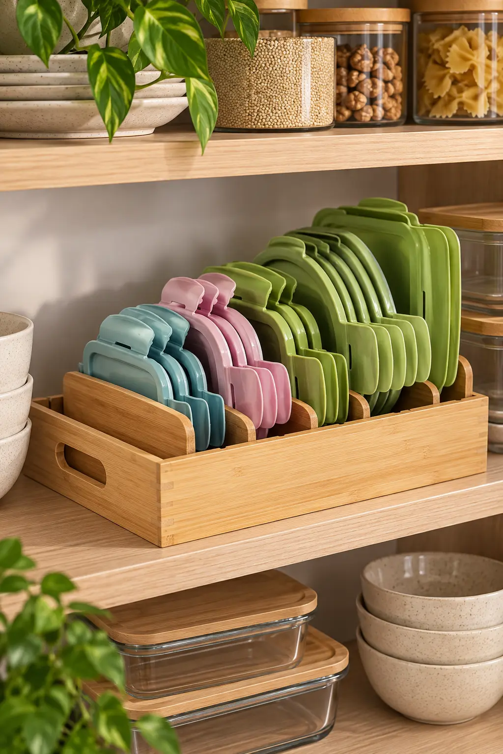 Adjustable divided organizer inside a kitchen drawer sized to fit irregular items