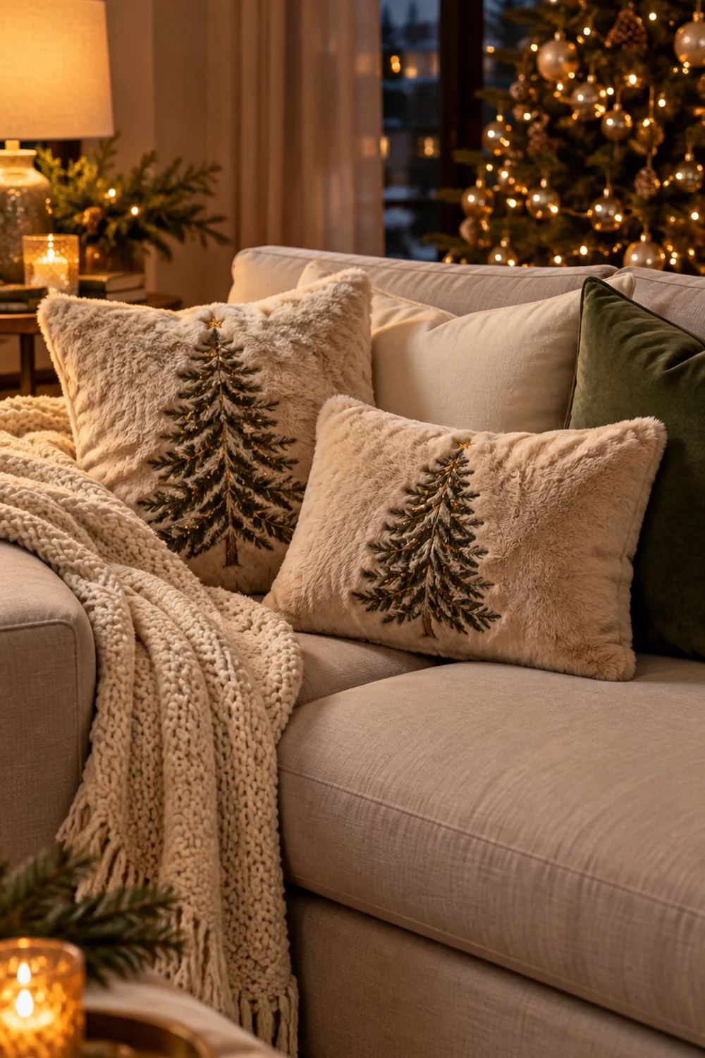 Beige plush faux fur pillow covers with embroidered Christmas trees in the corner of a sofa beside a chunky knit throw