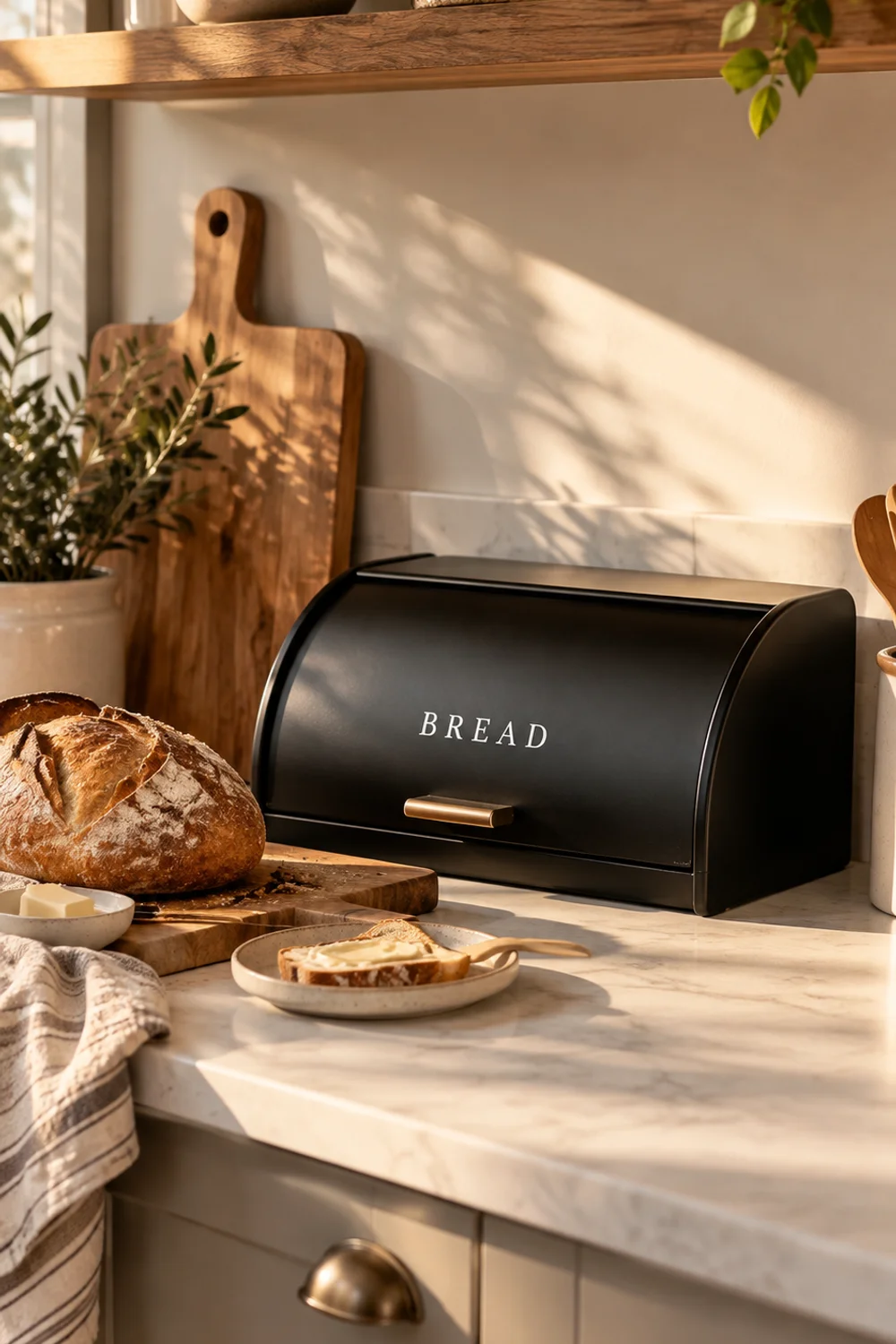 Matte black enamel bread box with white lettering beside a wooden bread board and loaf on a light kitchen counter