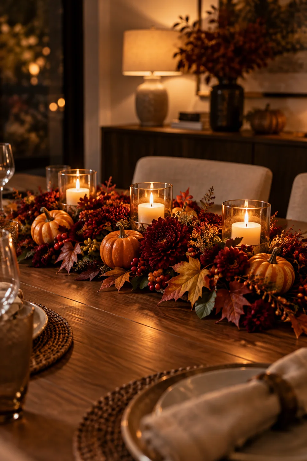 Candlelit pumpkin centerpiece glowing warmly on a modern Thanksgiving dining table at dusk