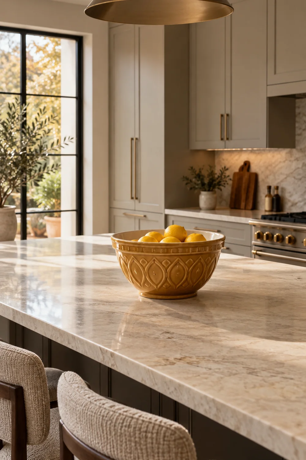 Large caramel-colored earthenware cane mixing bowl filled with lemons on a modern kitchen island