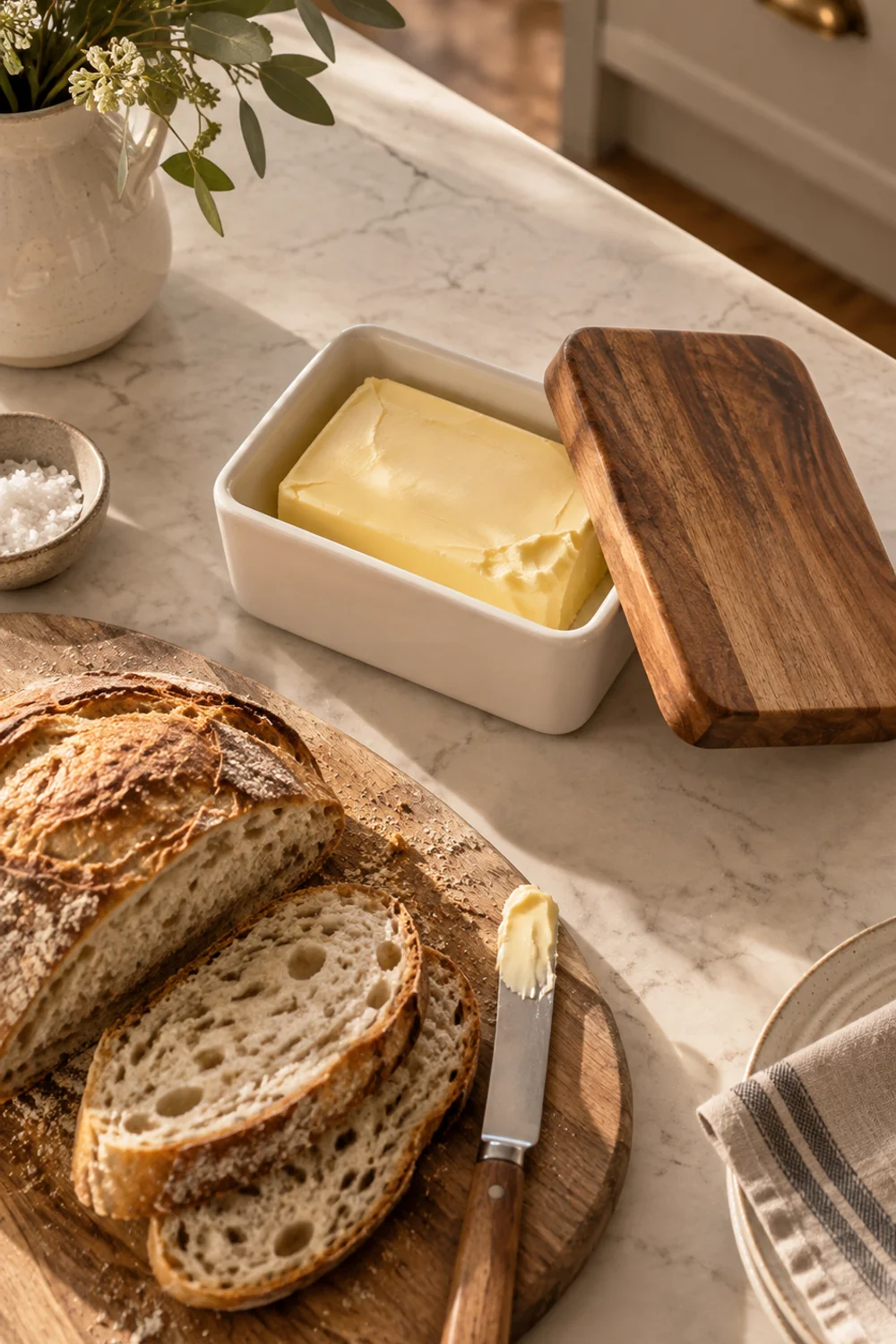 White ceramic butter dish with thick acacia wood lid beside sliced bread on a wooden board