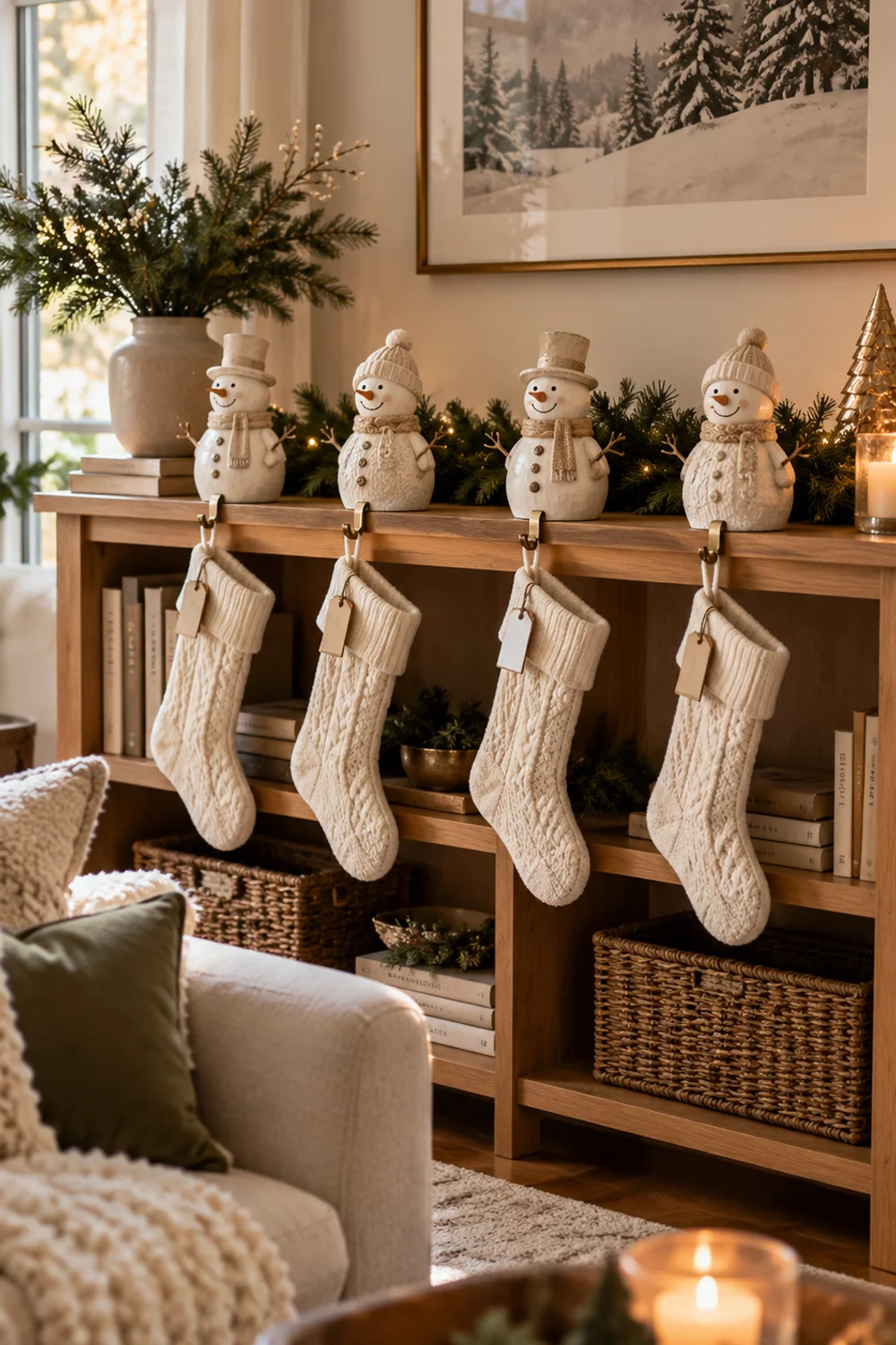 Four white clay snowman stocking holders on top of a low bookcase holding cream knit Christmas stockings without a mantel