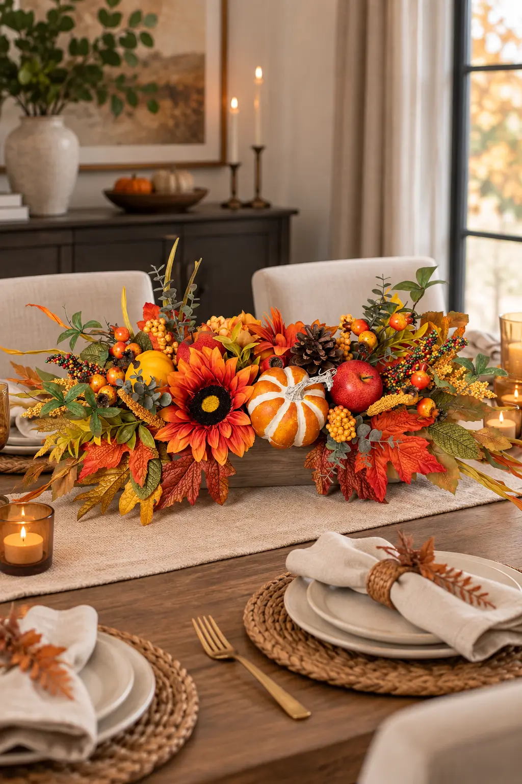 Compact fall centerpiece styled on a small Thanksgiving dining table with a single candle