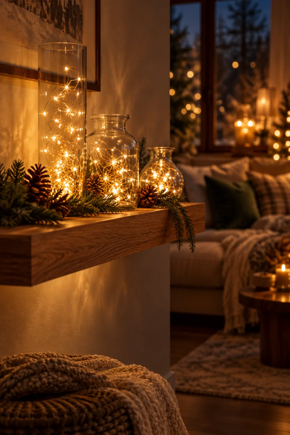 Battery copper wire fairy lights glowing inside three clear glass vessels on a floating shelf with no cords