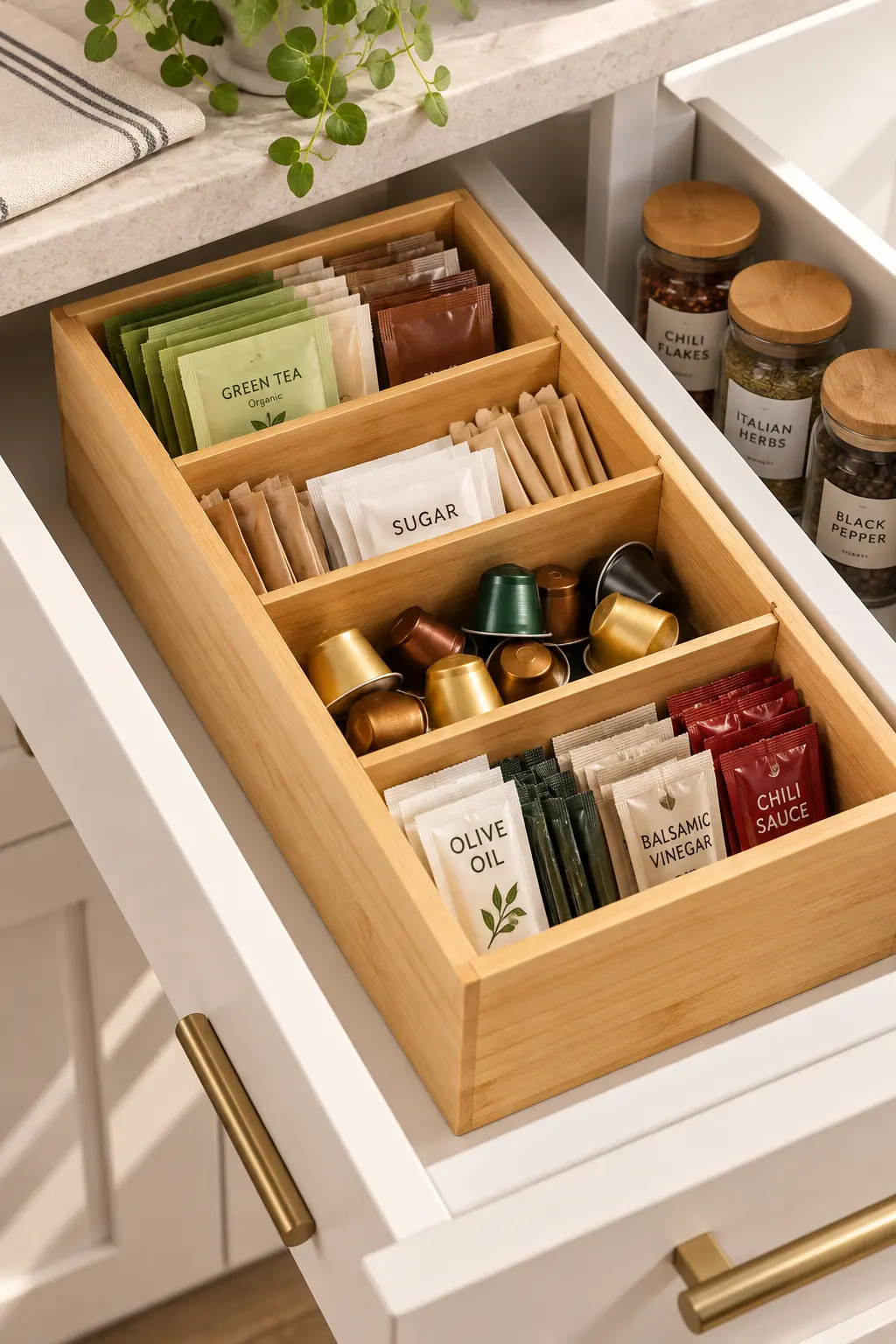 Multi-section countertop organizer keeping small kitchen tools and utensils contained