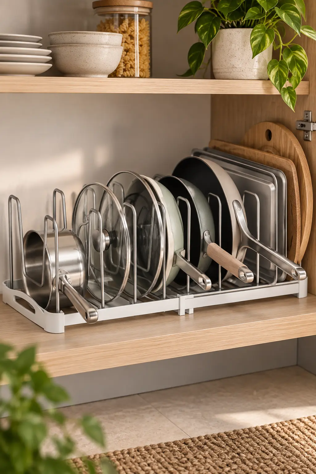Extendable cabinet organizer with a dedicated vertical slot for cutting boards