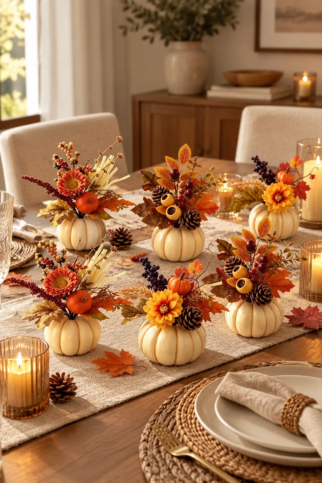 Pumpkin and floral blended centerpiece arrangement styled on a fall Thanksgiving table