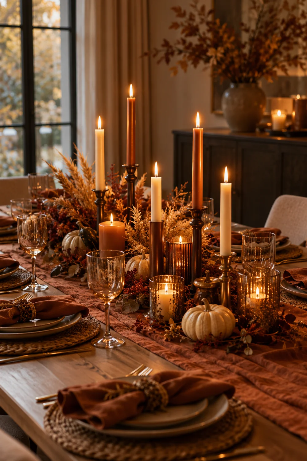 Elegant candlestick arrangement styled in warm rust and amber tones for a fall Thanksgiving table
