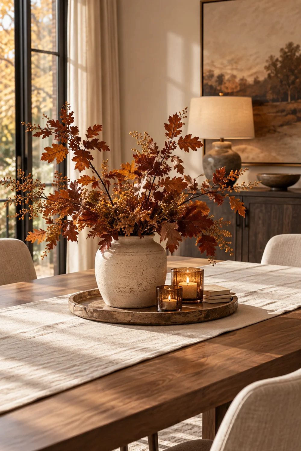 Elevated modern farmhouse centerpiece with clean styling on a Thanksgiving dining table