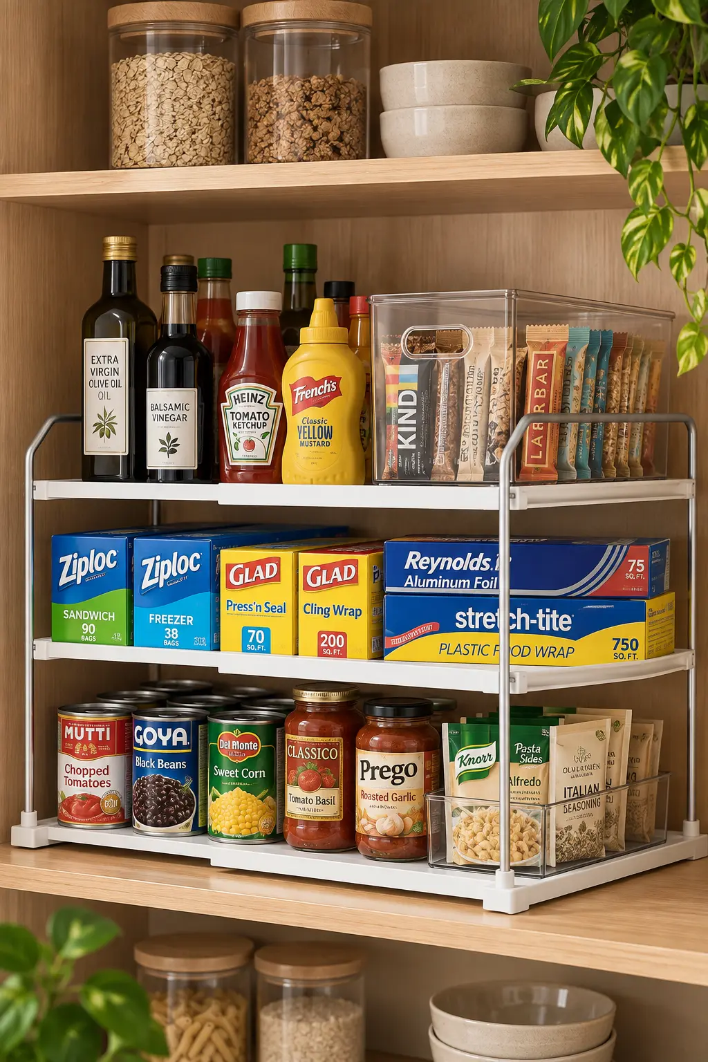 Extendable shelf riser creating a second storage tier inside a kitchen cabinet