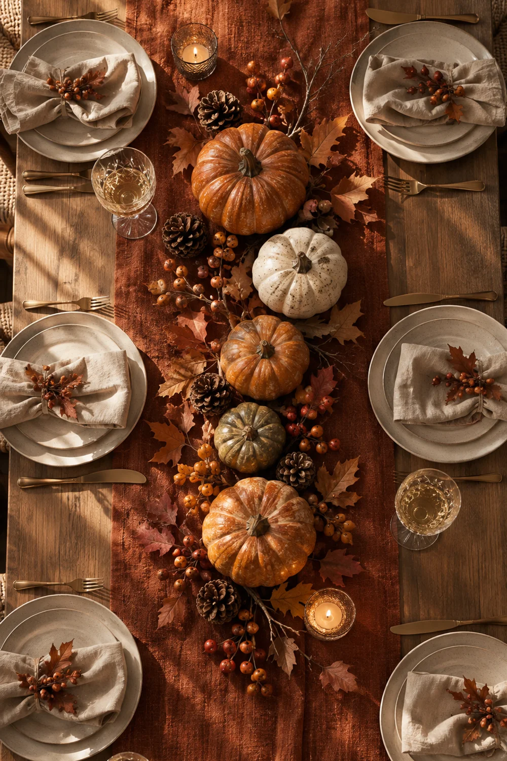Artificial vegetable and gourd harvest runner arranged down a modern Thanksgiving dining table