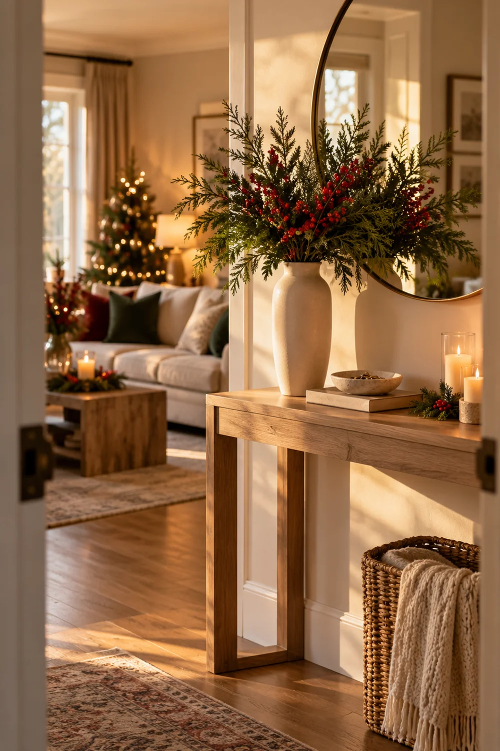 Slim cream ceramic vase filled with faux pine branches and red berry stems on an entry console table