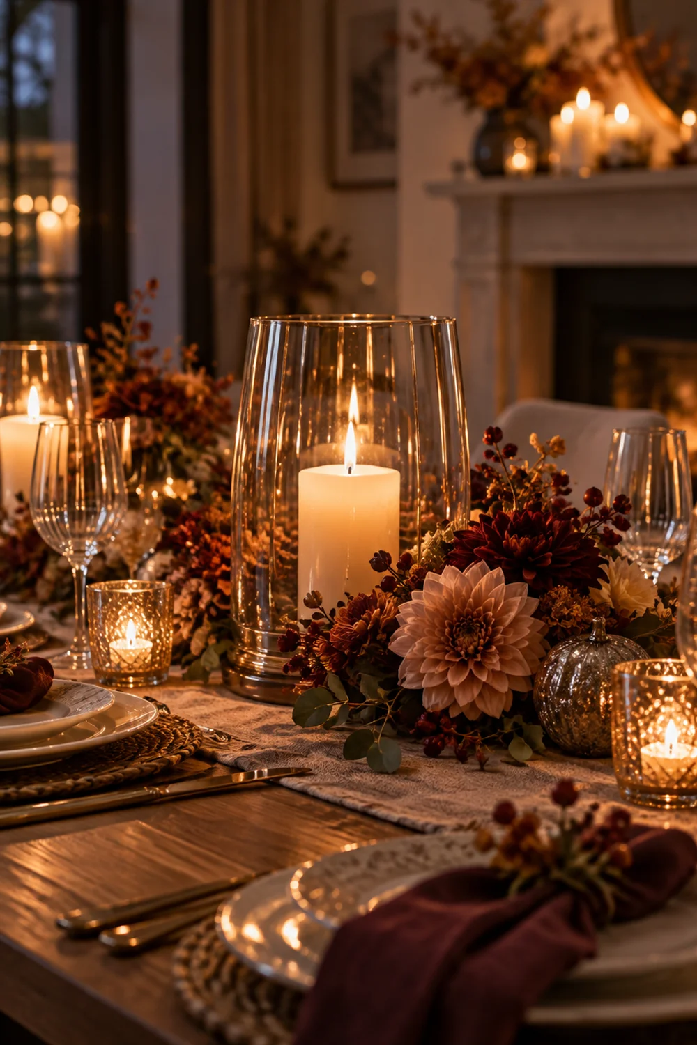 Elegant glass hurricane candle holder surrounded by dahlias and berries on a formal fall table