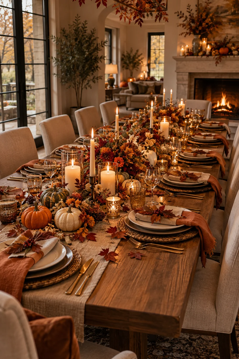 Full Thanksgiving table setting with a layered centerpiece arrangement for a large family gathering