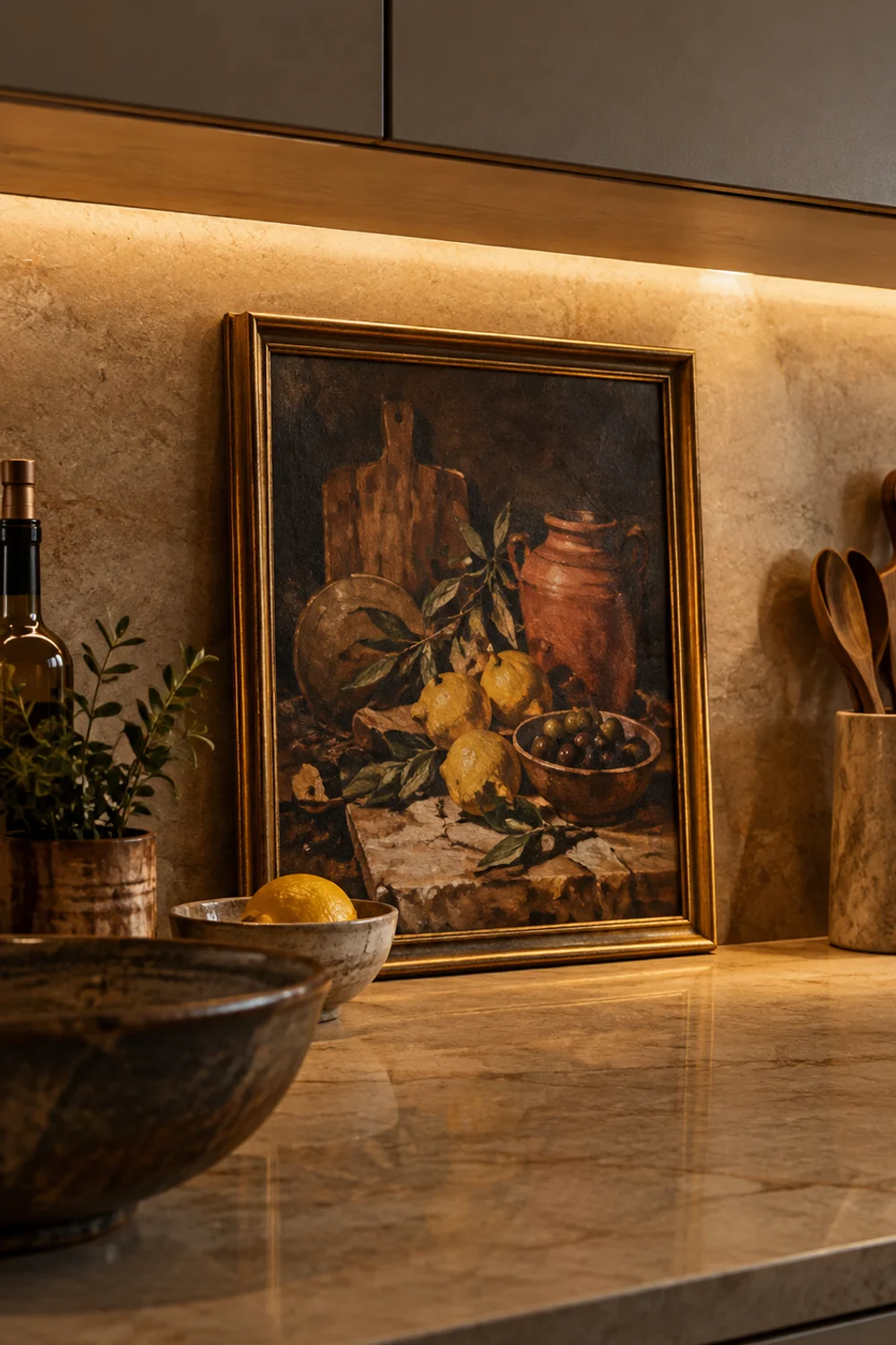 Small gold-framed lemon still life painting leaning on a modern kitchen counter beside a bowl of lemons
