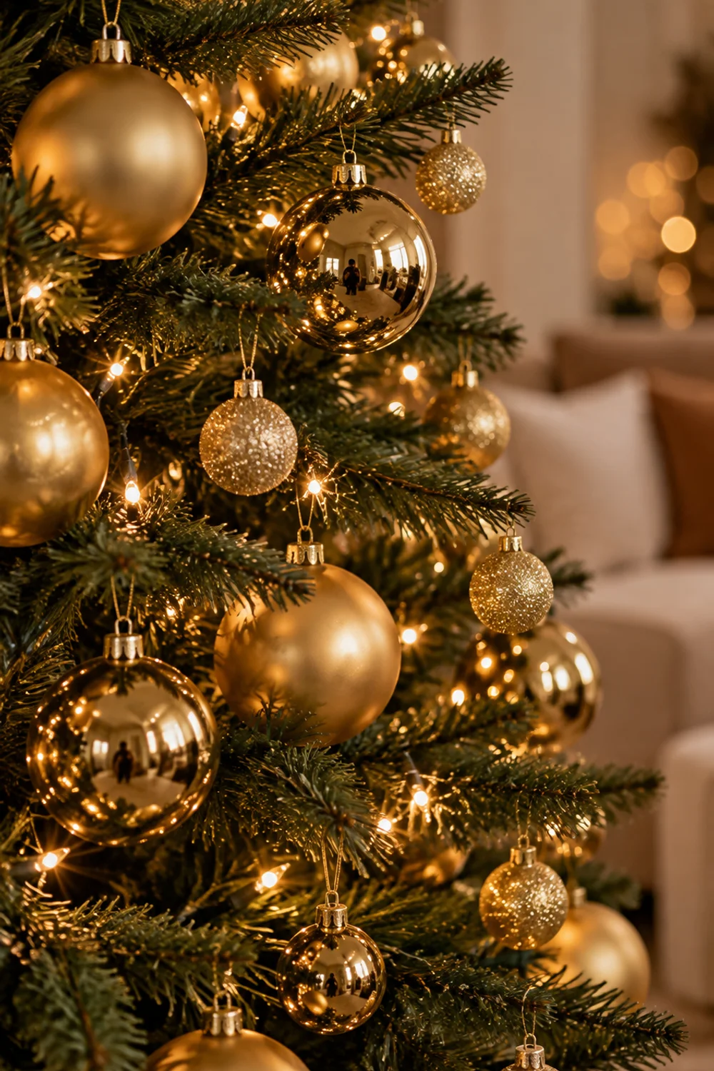 Close-up of a slim Christmas tree decorated only with gold ball ornaments in matte, mirrored and glitter finishes
