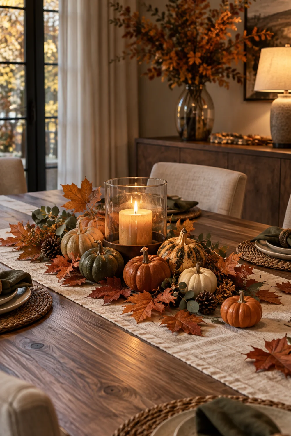 Artificial gourds and maple leaves with a candle holder styled as a natural harvest table accent